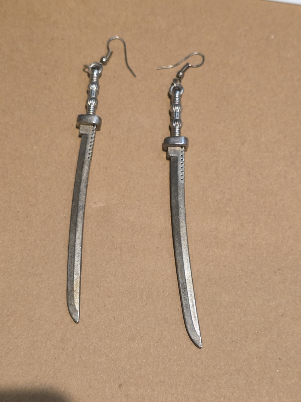 Sword Dangle Drop Earrings - Silver Tone